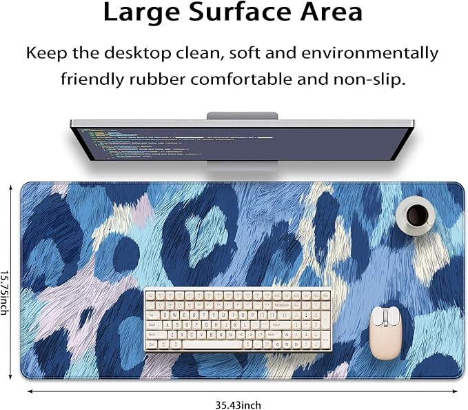 35.4 x 15.7 in, XXL Large Mouse Pad for Desk, Extended Keyboard Mouse Mat for Computer Office, Big Mouse pad with Stitched Edges, Gaming Pc-Leopard Print Light Blue and Navy