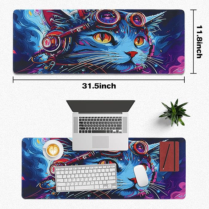 Mouse Pad Gaming - Desk Mat for Keyboard and Mouse - Cool Cat Head Large Mouse Pads for Desk, Gaming Mousepad with Non-Slip Base, Desks Pad (31.5" X 11.8") for Game, Office and Home