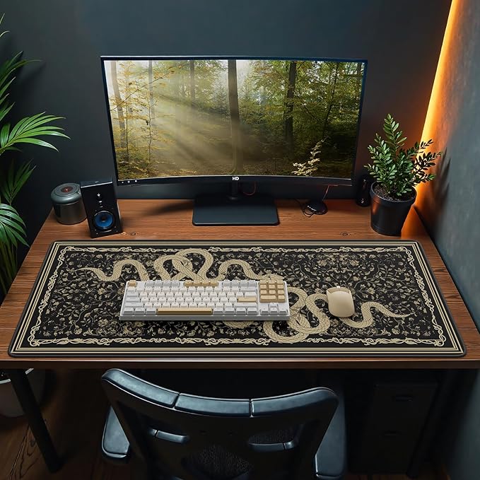 Large Desk Mat, Desk Matt for Desktop, Computer Gaming Mouse Pads, Stitched Edges Soft Mat for Desktop Office Home 35.4 x 15.7 Inches (Black Gold Snake)
