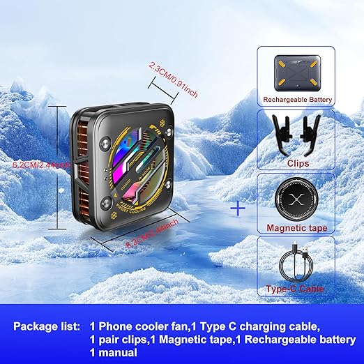 Magnetic Phone Cooler with Battery,Rechargeable Wireless Cooling Fan for iPhone/iPad,Phone Cooling Case Radiator Heatsink with RGB LED for iPhone MagSafe Series/Samsung/Android