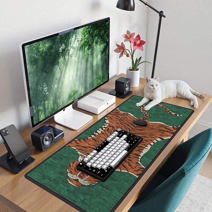 Tiger Desk Mat for Keyboard and Mouse, Non Slip Large TigerHide Desk Mat, Smooth Gaming Mouse Pad, Long Mouse Pad for Gaming Office Home 35.4 x 15.7 Inches (Emerald Green)