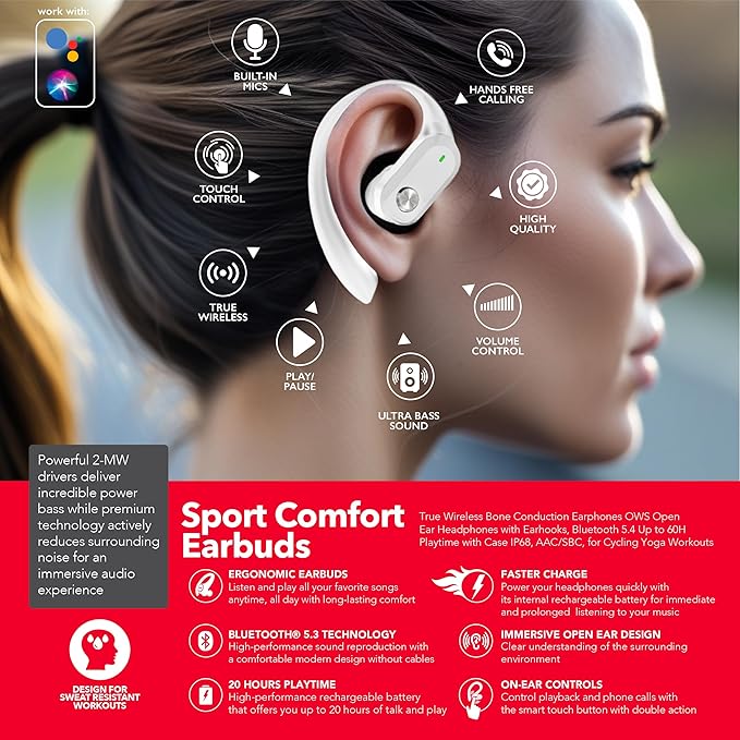 RCA Wireless Earbuds Bluetooth 5.3 Headphones Sport Sweat Resistant Sports Earphones with Earhooks,48H Playtime,Lightweight 7.8g,Fast Charging Case,Noise Cancelling Mic for Running Gym Workout-White