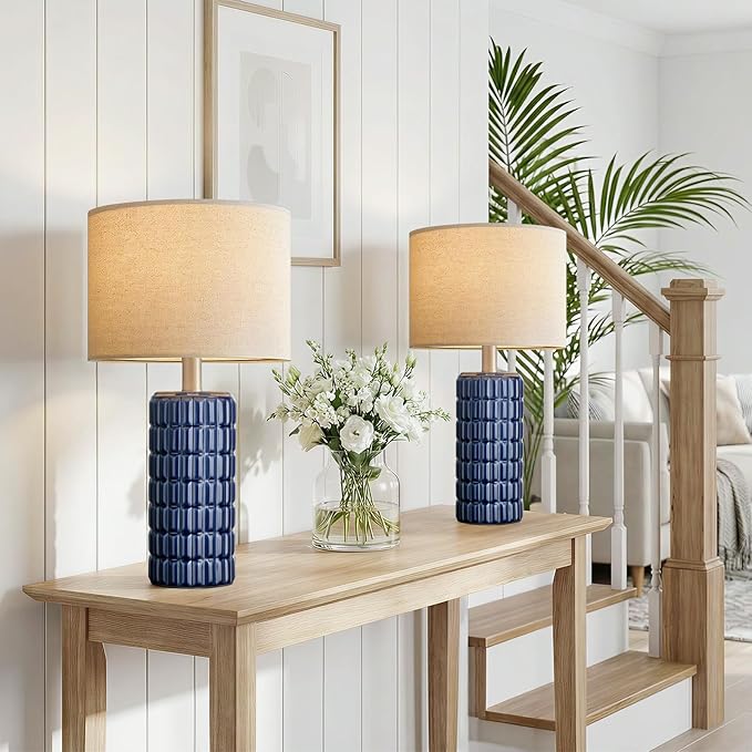 23" Modern Ceramic Table Lamps Set of 2 - Table Lamps for Living room, Farmhouse Bedside Night Stands Lamp for Bedroom, White Boho Nightstand Lamps Set of 2, Desk Lamp for End Table Home Decor(Blue)