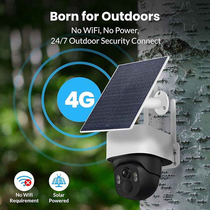 4G LTE Cellular Solar Security Camera Wireless Outdoor, No WiFi Solar Powered Cameras, 4MP PTZ 360° View, Motion Tracking, Color Night Vision, AI Detection, Built-in eSIM (No SIM Card Needed)