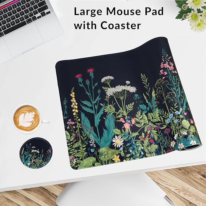 Large Gaming Mouse Pad with Coaster, Desk Matt for Desktop, Desk Pad, Mouse Pads Mat, Stitched Edges Big Extended Mousepad for Computer Keyboard Laptop Office Decor, 31.5'' x15.6''-Little Flowers