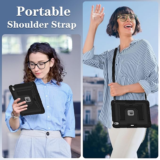 Kids Friendly Case for iPad Air 13 Inch M4 M3 M2 2026/2025/2024 Case with Pencil Holder & Shoulder Strap, Military Grade Shockproof Kickstand Hard Shell Protective Cover,Black