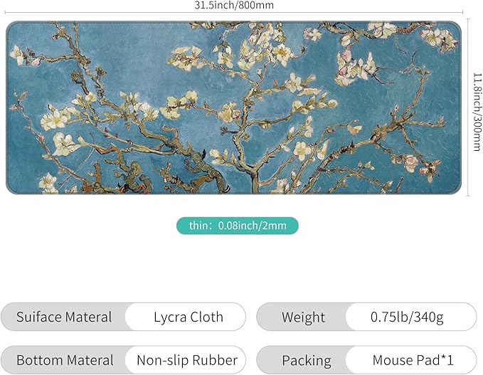 Thin Extended Gaming Mouse Pad （31.5 * 11.8 * 0.08 inch） with Stitched Edges Large Mousepad Long XXL Keyboard and Mouse pad Desk Mat for Gaming Office & Home - Almond Blossom