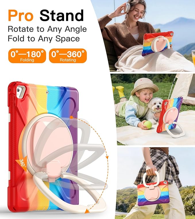 BATYUE Case for iPad 6th Generation 9.7 inch 2018, iPad 5th Gen 2017, iPad Air 2/ iPad Pro 9.7'',Shockproof Protective Cover with Pencil Holder &Rotating Bracket &Shoulder Strap (Colourful Red)