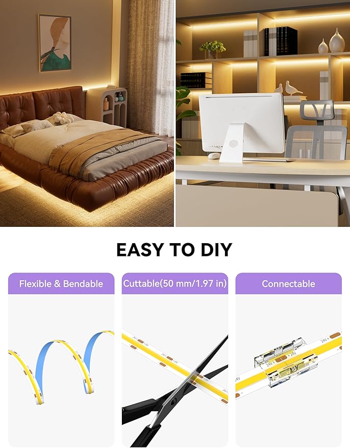 MIWISE COB LED Strip,LED Strip Light 2700K Warm White 20ft Dimmable Super Bright 24V,High Density Flexible Tape Light with RF Remote Timer Function,for Shelf/Cabinet/Bedroom/TV DIY Lighting Project