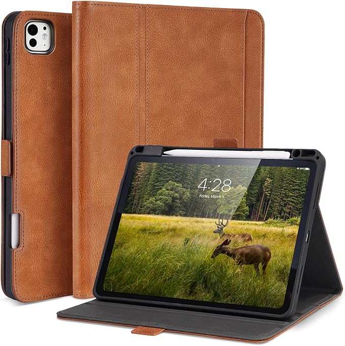 Handmade Case for iPad Pro 11 Inch (M5/M4) 2025/2024 with Pencil Holder Pocket,Magnetic Closure,Auto Sleep/Wake,Vegan Leather Folio Protective Cover,Multi Angles Stand,Brown
