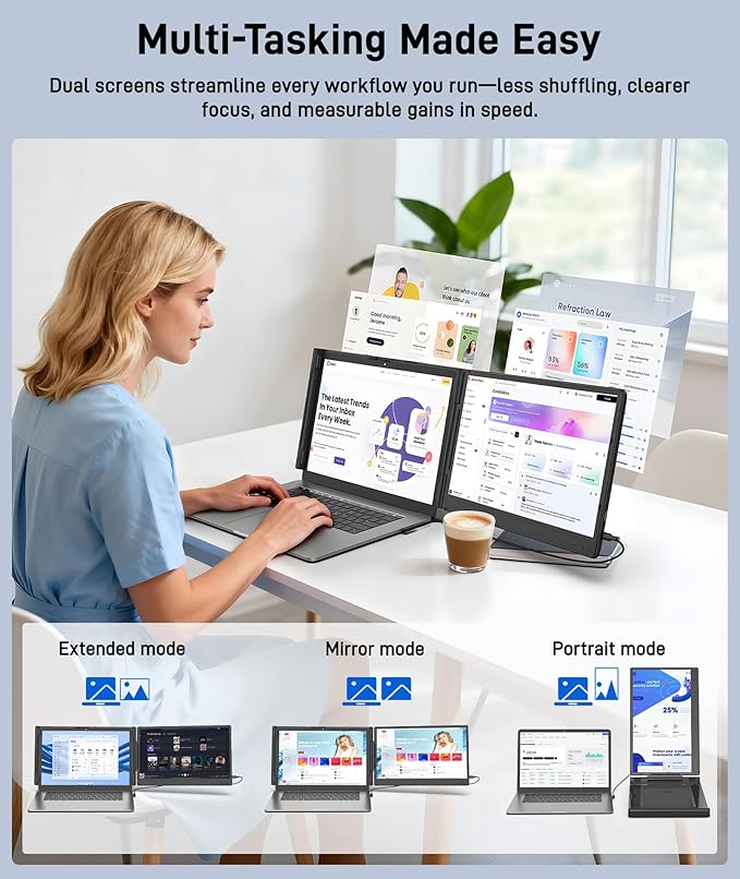 Laptop Screen Extender, 14" FHD 1080P IPS Portable Monitor for 13" - 17" Laptops, Plug & Play Screen Extender, Auto Adjust Width Dual Monitor, Compatible with Mac/Wins/Dex/Chrome