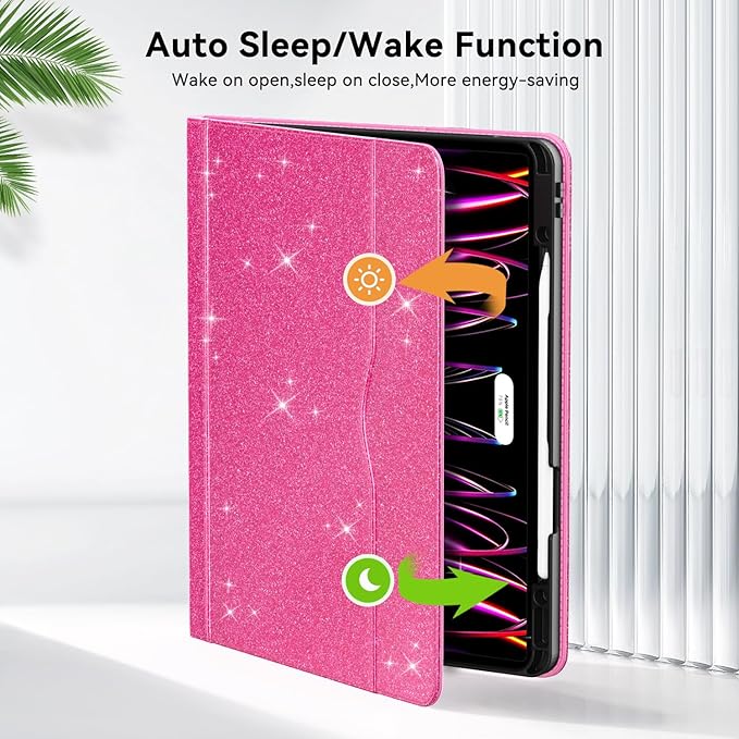 Zonefoker Case for New iPad Pro 12.9 inch 6th/5th/4th/3rd Generation 2022/2021/2020/2018, 12.9'' ipad Pro Leather Protective Cover 6/5/4/3 Gen with Pencil Holder, Auto Wake/Sleep, Glitter Pink