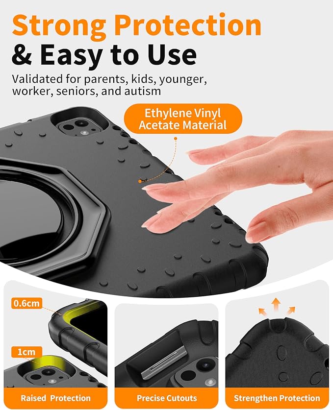 for iPad Air 13 Inch Case (M4 2026 / M3 2025 / M2 2024), Heavy Duty EVA Protective Cover with Magnetic Charging Pencil Holder, 360° Rotating Stand, for Kids, Work & Travel, Black