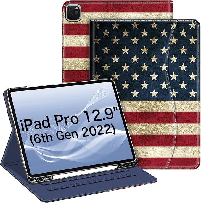 Fintie Folio Case for iPad Pro 12.9" 6th Generation 2022, Multi-Angle Smart Stand Cover w/Pencil Holder & Pocket, Also Fit iPad Pro 12.9 2021 5th & 2020 4th & 2018 3rd Gen, US Flag
