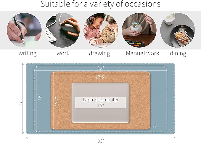 RENMTURE Dual-Sided Mouse Pad, Natural Cork & PU Leather Large Desk Pad for Office and Home Work, Desk Protector Non-Slip, Waterproof, Easy Clean (Blue Gray,47"x17")