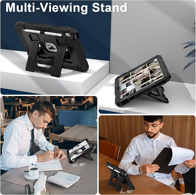 Kids Friendly Case for iPad A16 11th Generation 11 Inch 2025 / iPad 10th Generation 10.9" 2022 Case with Pencil Holder & Shoulder Strap, Hybrid iPad 11 10 Cover Rugged Shockproof Kickstand,Black