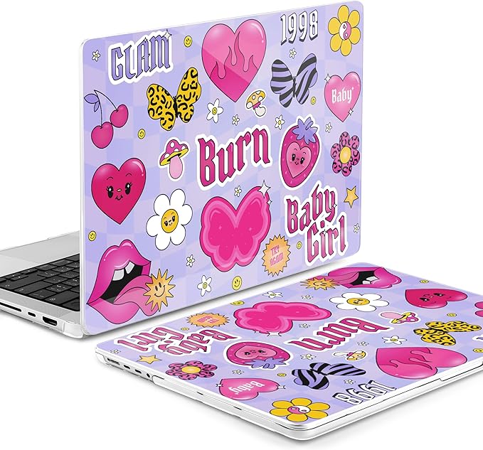 Batianda Case for New MacBook Pro 14 Inch M5 (2025 2026) & 2024 2023 Release [Model A3434 / A3112] - Ultra Slim 1.2mm Glossy Hard Shell Protective Skin Keyboard Cover 4-in-1 Bundle, Y2K Pink Collage