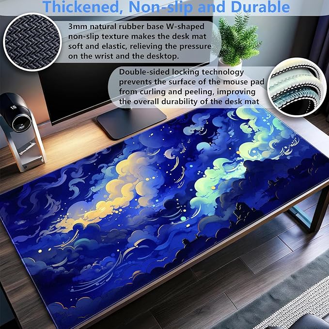 XL Desk Pad Mat (31.5"x15.7") - Kawaii Dark Blue Clouds Sky Aesthetic, Non-Slip Gaming Mouse Pad with Stitched Edges, Cute Office Decor