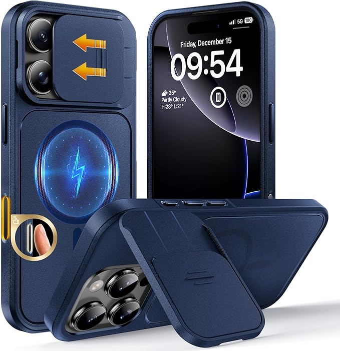 TOCOL for iPhone 16 Pro Case with Slide Camera Cover, Kickstand and Camera Control Button, Fit for MagSafe, Rugged Solid Phone Case, Non-Slip, Drop Protection, Blue