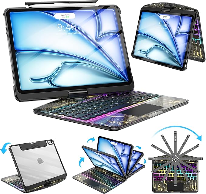 SIBEITU Keyboard Case for iPad Air 11-inch M4/M3/M2 (2026/2025/2024) & iPad Pro 11-inch 4th 3rd 2nd 1st Gen, 7-Color Backlit, Multi-Touch Trackpad, 360°Rotatable for 10.9" iPad Air 4th/5th Gen, Black