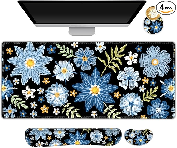 Large Gaming Mouse Pad Set, 4 in1 Ergonomics Keyboard Desk Mat with Memory Foam Wrist Rest, Computer PC Extended Game Mousepad, Non-Slip Desk Pad Matt Easy Typing Pain Relief I Forget-me-not