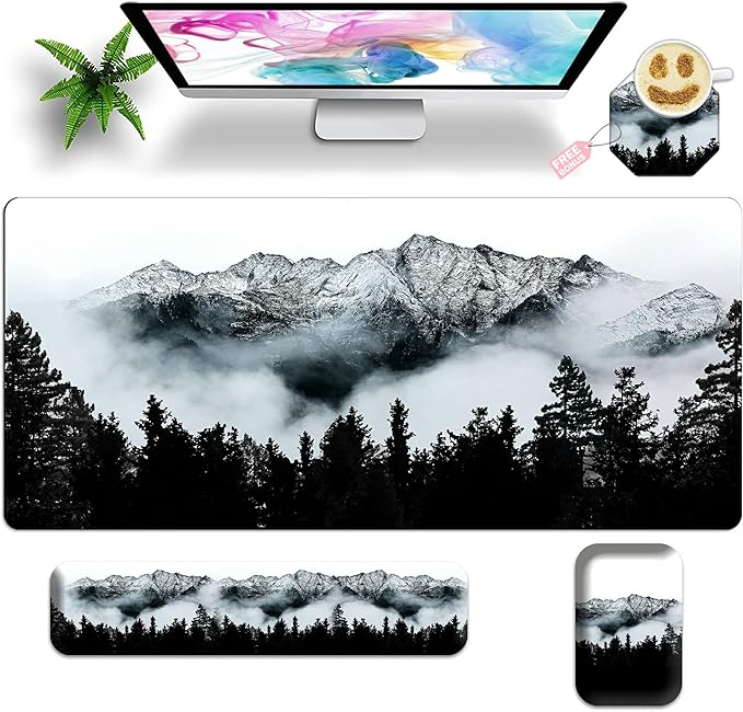 Large Gaming Mouse Pad Set 35.4 x 15.7 with Keyboard Wrist Rest, Wrist Support, and Coaster Memory Foam Smooth Desk Pad Mousepad for Home Office School - Mountain Forest