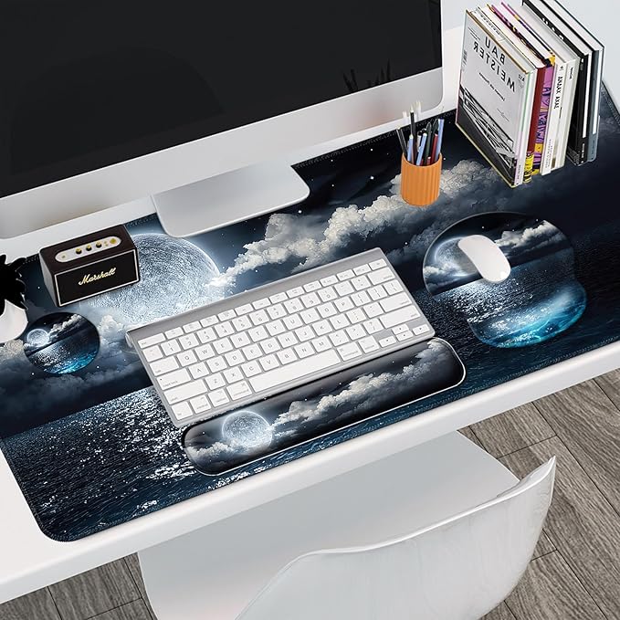 Mouse Pad + Desk Mat + Keyboard Wrist Rest + Coaster 4 in 1 Set, Cute Ergonomic Large Gaming Mousepad with Wrist Rest Support Desk Pad for Computer Laptop Office Home Decor-Moon Ocean