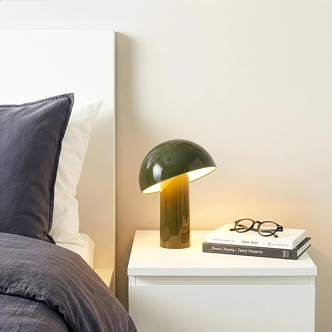 Brightech Celia Table Lamp – 10" Touch-Controlled Mushroom Desk Lamp, Cordless & Dimmable LED, Portable Bedside Night Light, Sustainable Mood Light, Recycled Modern Patio Lamp for Home Décor – Green