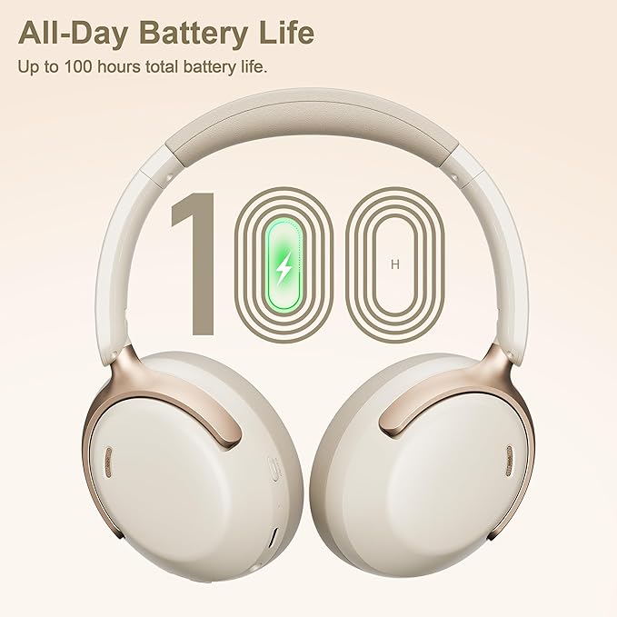 LORELEI QC30 Hybrid Active Noise Cancelling Headphones,Over-Ear Wireless Bluetooth,Beige Protein Leather, Active Noise Control & Transparency Mode,Deep Bass, Built-in Mic