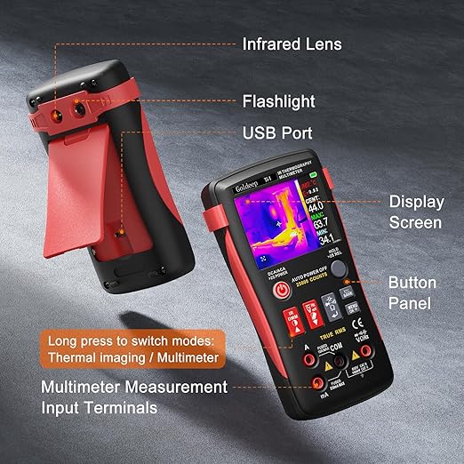 Goldeep 2 in 1 Thermal Imaging Camera, 240 x 240 TISR Resolution, 96x96 IR Resolution with 25000 Counts Multimeter, Professional Digital Multimeter with IR Camera, -4℉-1022℉ Temperature Range (Black)