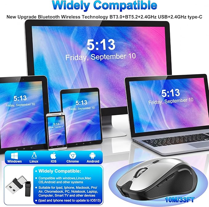 Mouse for MacBook Bluetooth Wireless Mouse Laptop MacBook Air Mac Pro Silent Rechargeable PC iPad Optical Mouse with Jiggler Dual Mode Switch Bluetooth 5.2/3.0 and 2.4GHz USB Type-C Receiver BLACK