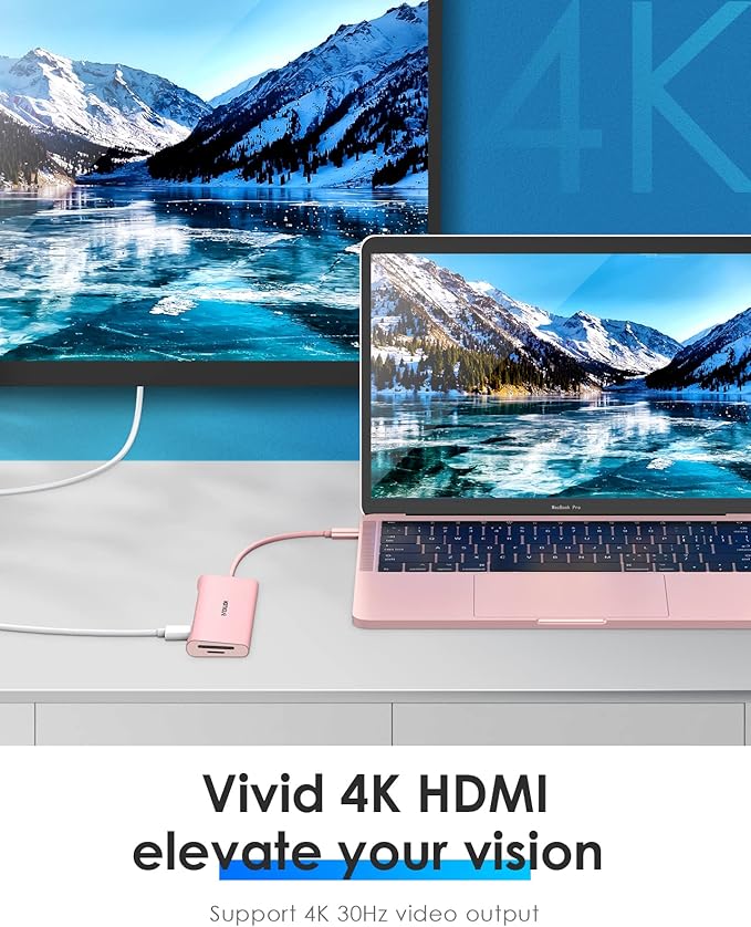 LENTION 7-in-1 USB C Multiport Hub with 4K HDMI, 100W PD, 3 USB 3.0 Ports, SD/MicroSD Card Reader Compatible MacBook Pro/Air/Neo 2016-2026 Type C Devices Stable Driver Adapter (CB-C36B, Rose Gold)