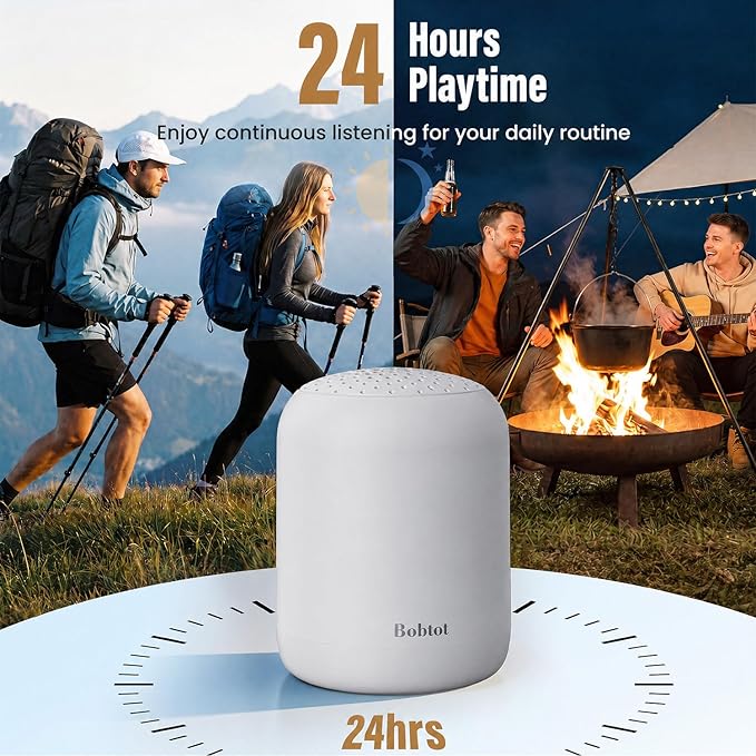 Bobtot Portable Bluetooth Speakers Wireless, Waterproof Shower Speaker with 24H Playtime, Loud Stereo Sound, TWS, Hands-Free Calling, Small Size with Carry Lanyard, LightGrey