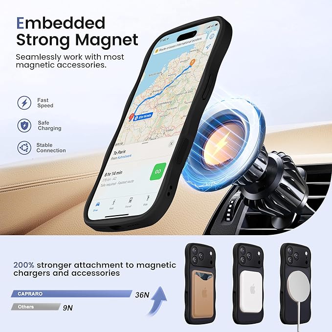 CAPRARO for iPhone 17 Pro Max Case with 360° Spin Magnetic Stand for Women, [Compatible with MagSafe] [Full Camera Protection] Cute Wave Translucent Matte Case for iPhone 17 Pro Max, Black