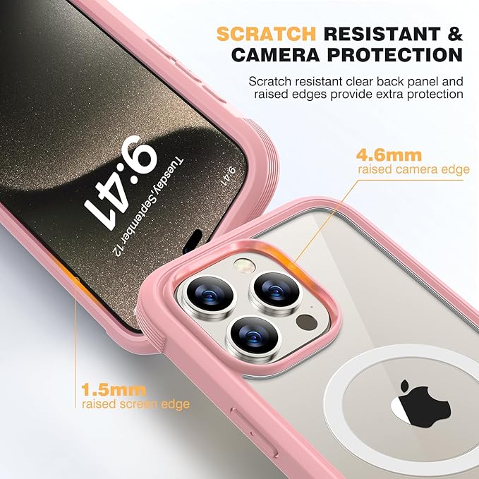 Diaclara Magnetic for iPhone 15 Pro Case, [Military-Grade Drop Proof & Fit for MagSafe] Built-in Shockproof Screen Protector, [Camera Lens Protector] Phone Cover for iPhone 15 Pro 6.1"(Coral Pink)