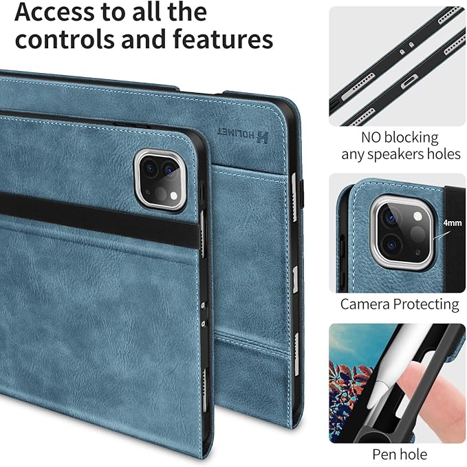 H HOLIMET Case for iPad Pro 11 inch M5 2025/M4 2024 with Pencil Holder Supports Pencil Pro and Pencil Auto Sleep/Wake Function Vegan Leather Smart Stand Cover (Blue)