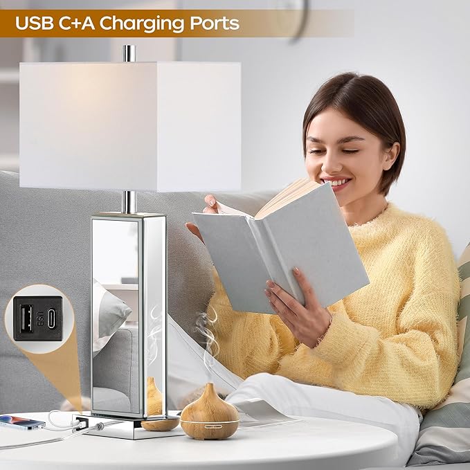 Modern Table Lamp Set of 2 Touch Control, Silver Mirror Diamond Crystal Bedside Lamp with USB C+A Ports, 3-Way Dimmable Mirrored Nightstand Lamps White Fabric Shade for Living Room Bedroom Art Decor