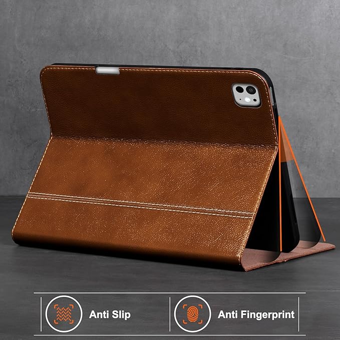 Gexmil Genuine Leather Case for iPad Pro 13 Inch (M5/M4) 2025/2024 with Pencil Holder,Protective Shockproof Smart Leather Folio Cover Adjustable Stand Auto Sleep/Wake,Yellow Brown