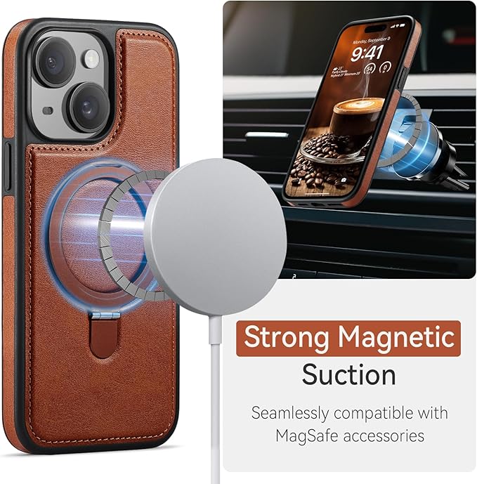 for iPhone 14 Plus Case with Stand Compatible with Magsafe Slim PU Leather & Durable TPU Drop Proof Magnetic Kickstand Protective Cover with Tempered Glass Screen Protector 6.7", Brown
