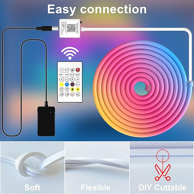 Cozylady RGB Neon LED Rope Lights, Waterproof Bluetooth APP Remote Control Music Sync Strip Lights, 24V Flexible DIY Silicone Light for Bedroom Home Indoor Outdoor Decor (7.5M/25Ft)