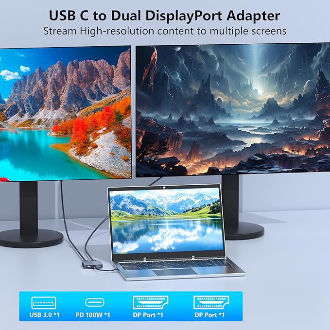 Display Port Splitter for Dual Monitors, 4K@60Hz USB C to Dual DisplayPort Adapter for Dell/HP/Mac Laptops, Type C to Display Port Multiport with USB3.0/PD, Dual Monitor Adapter, Displayport MST Hub