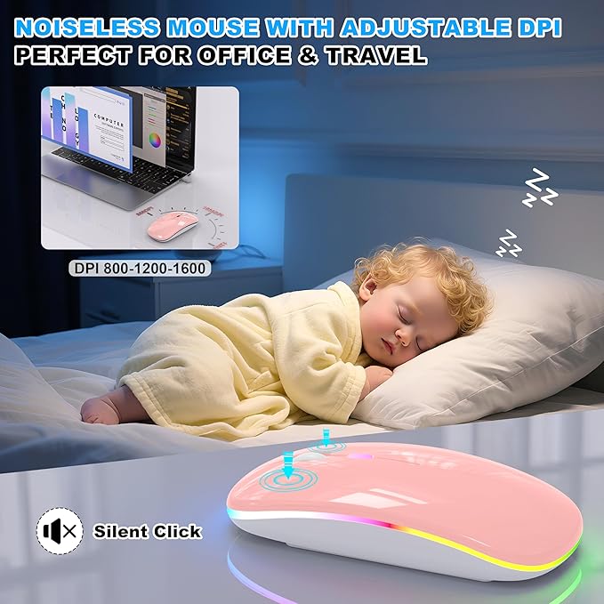 LED Bluetooth Wireless Mouse for MacBook Air/Pro, Laptop, iPad – Rechargeable Silent Light-Up Slim Mouse, Optical Dual Mode BT5.2 & USB-A/USB-C – for Students, Kids, Girls, Boys – Baby Pink
