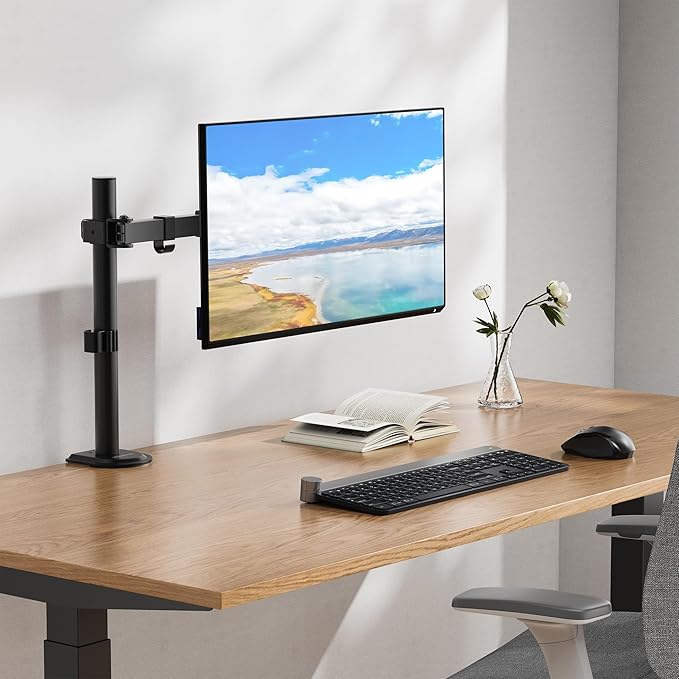 Mount-It! Single Monitor Arm 17" to 32", Full Motion Adjustment with Tilt, Rotation, Swivel, Height Adjustment Along Pole, Clamp or Grommet Mounting, Monitor Desk Mount VESA 75x75 and 100x100, Black
