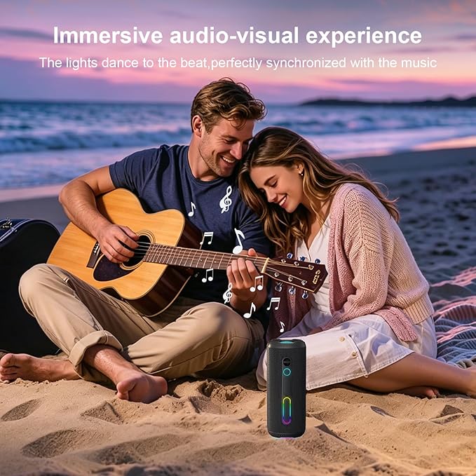 Portable Bluetooth Speaker, 24W Loud Deep Bass, IPX7 Waterproof, TWS Pairing, 12H Playtime, RGB Lights, Outdoor Bluetooth Speakers for Camping, Biking, Party (Black)