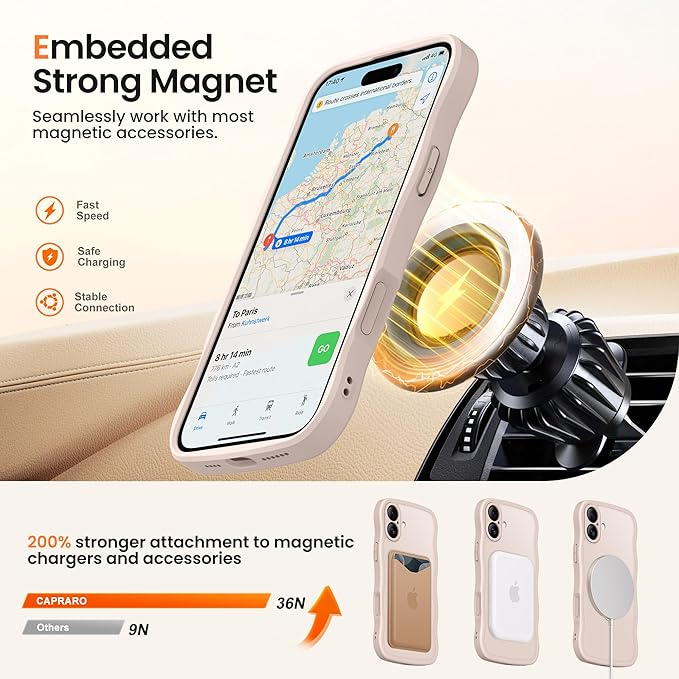 CAPRARO for iPhone 16 Case with 360° Spin Magnetic Stand for Women, [Compatible with MagSafe] [Full Camera Protection] Cute Wave Translucent Matte Case for iPhone 16, Pink Gold