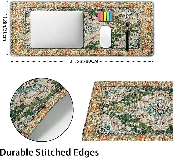 Vintage Rug Mouse Pad XL Green Orange Retro Carpet Aesthetic Extended Table Mat 80X30 cm Non-Slip Rubber Base Stitched Edge Large XL Mousepad for Desk Gaming Laptop Desk Top,31.5×11.8 Inch