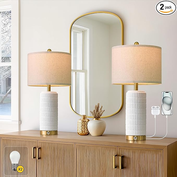 PoKat Stone-Like Ceramic Table Lamps with USB Ports for Bedroom, 25'' Matte-White Dimmable Nightstand Touch Lamps for Night Stands with Gold Base, Farmhouse Lamps for Living Room End Side Table