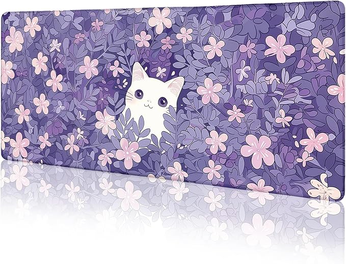 LIMKRIAN Cat Purple Mouse Pad Large Desk Mat, Kawaii Purple Computer Mousepad with Stitched Edges Non-Slip, Keyboard Mouse Pad for Desktop Cute Office Supplies Desk Decor Accessories 31.5x11.8 in