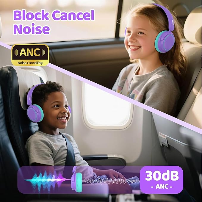 MIDOLA Active Noise Cancelling Kids Bluetooth Headphones,68H Play Time,Lightweight Wireless Foldable Over-Ear Headphone for Kid Toddler,Volume Limited 85/94dB,Headsets with Built-in Mic Purple