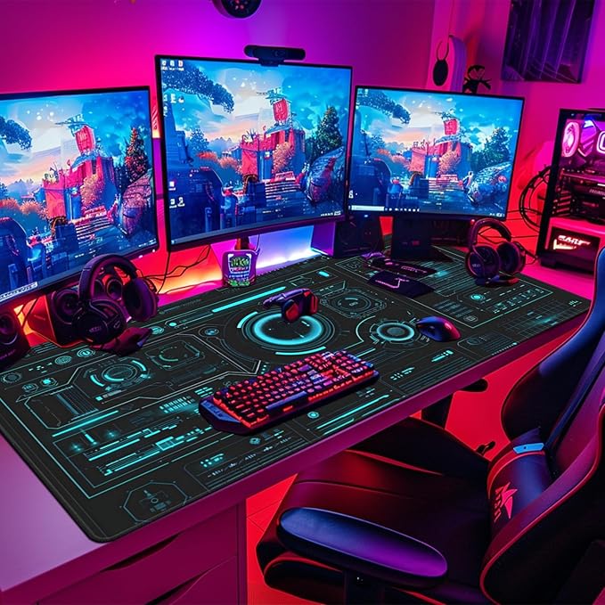 Large Extended Gaming Mouse Pad, (48" x 24") Big Desk Matt for Desktop, Waterproof Computer Keyboard Mat for Esports Pros/Gamer/Desktop/Office/Home-Cyberpunk Black and Blue
